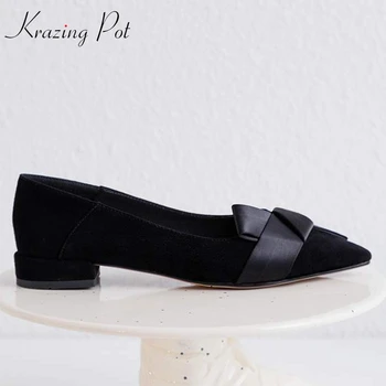 

Krazing pot sheep suede pointed toe slip on butterfly-knot low heels elegant women Autumn dress lady daily wear cozy pumps l02
