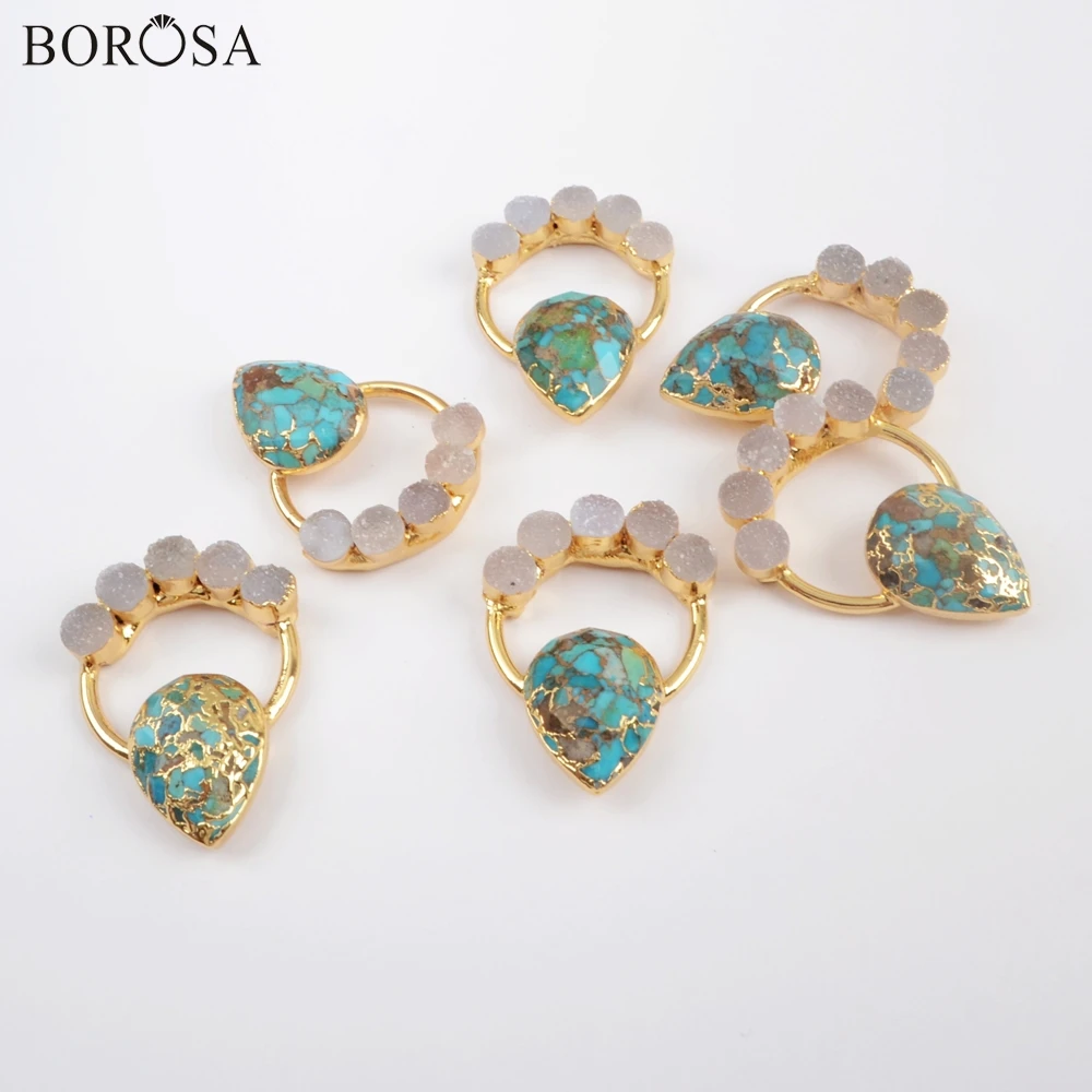 BOROSA Новые Позолоченные Пять круглых натуральные Агаты Druzy& Teardrop медь Бирюзовый Шарм драгоценные камни кулон для ожерелья ювелирные изделия G1833