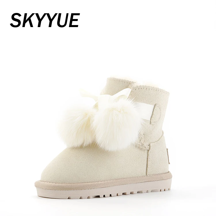 

New Winter Kids Snow Boots Baby Girls Bow Shoes Children Warm Ankle Boots Toddler Genuine Leather Shoes Brand Black Soft Boots