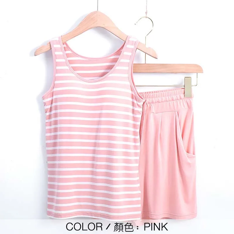PINK Женский пижамный комплект из модала со встроенным бюстгальтером, пижамы с подкладкой, пижамы для женщин, одежда для сна, одежда для сна без рукавов, эластичность SA0089 - Цвет: PINK