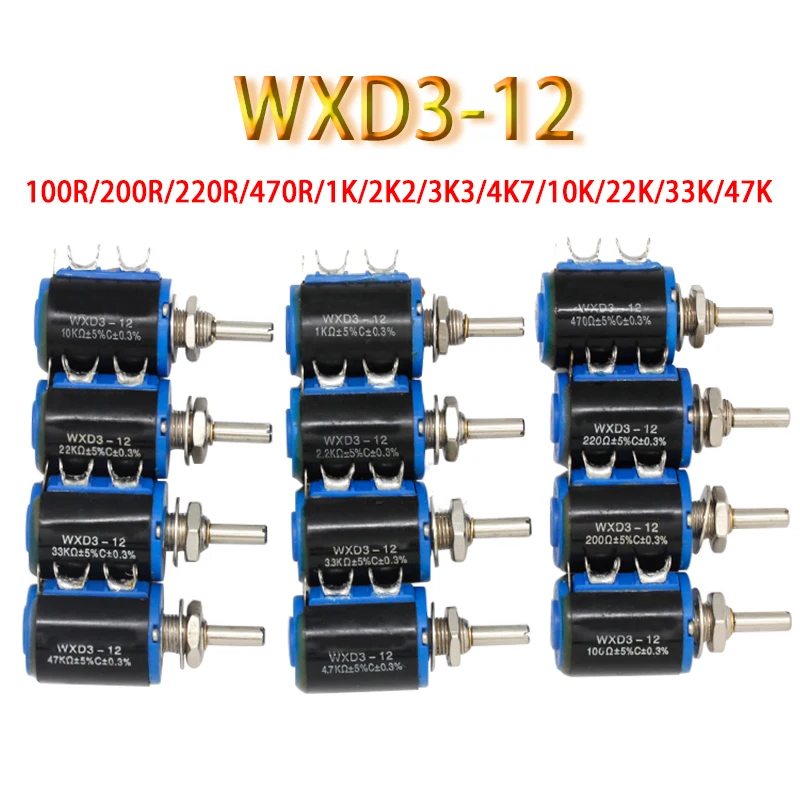 1pcs WXD3-12 Precision Multi-turn Wirewound Potentiometer 100R/200R/220R/470R/1K/2.2K/3.3K/4.7K/10K/22K/33K/47K Sliding Rheostat |