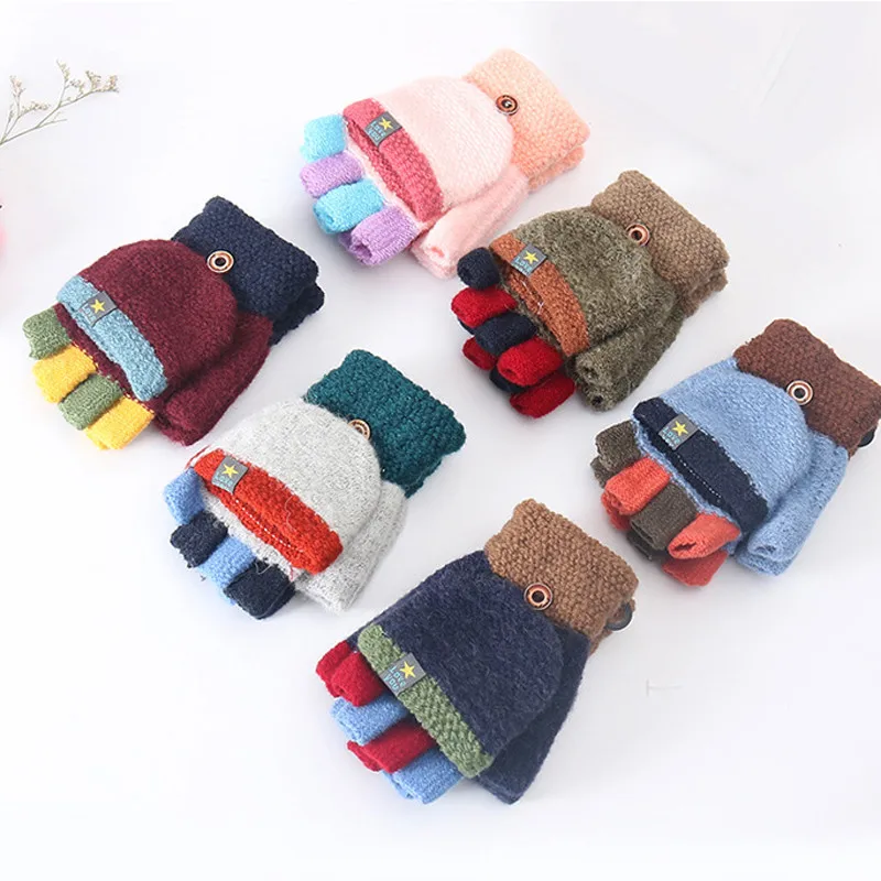 Детские Зимние перчатки для мальчиков и девочек от 3 до 10 лет, Перчатки С Откидывающейся Крышкой, теплые митенки детские вязаные перчатки