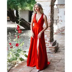 2020 сексуальные красные длинные выходные платья без рукавов v-образным вырезом с высокой строчкой Сатиновые А-образные вечерние платья de fiesta