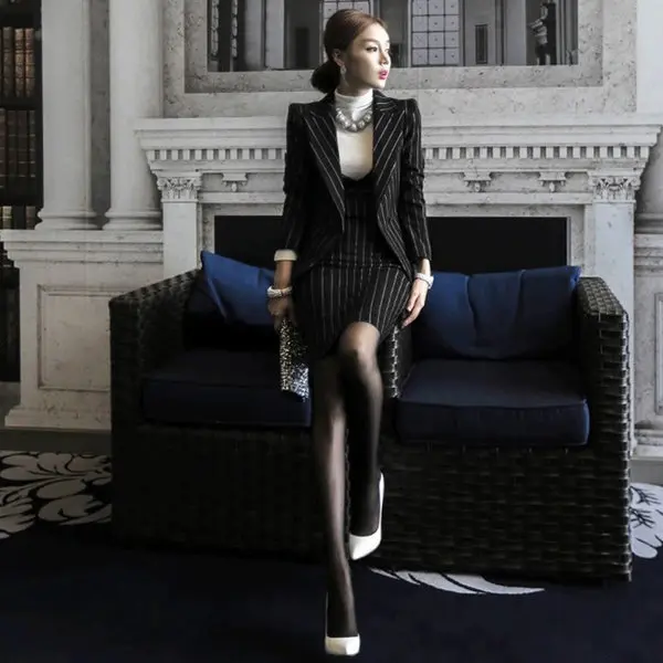 LLZACOOSH 2 piece Women Dress New Arrival Spring Autumn women Suit Blazers and jackets + Striped sleeveless Dress two piece set