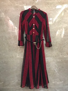 

2020 Early Spring New Arrival Fashion Elegant Long Sleeve Printed Belted Mesh Dress Free Shipping Worldwide