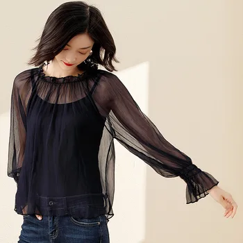 

Ladies summer thin long sleeve chiffon solid color pullover gray