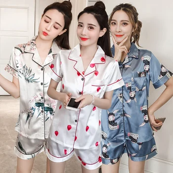 

Plus Size Short Sleeve Silk Satin Print Shorts Pajama Sets for Women 2020 Summer Sleepwear Pyjamas Homewear Pijama Mujer Clothes