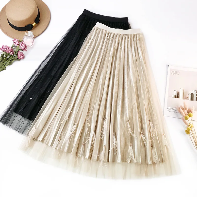 

AcFirst Autumn Pink Gray Women Skirt Women High Waist Pleated Long Skirt Mid-Calf Skirt Plus Size Casual A-Line Mesh Feathers