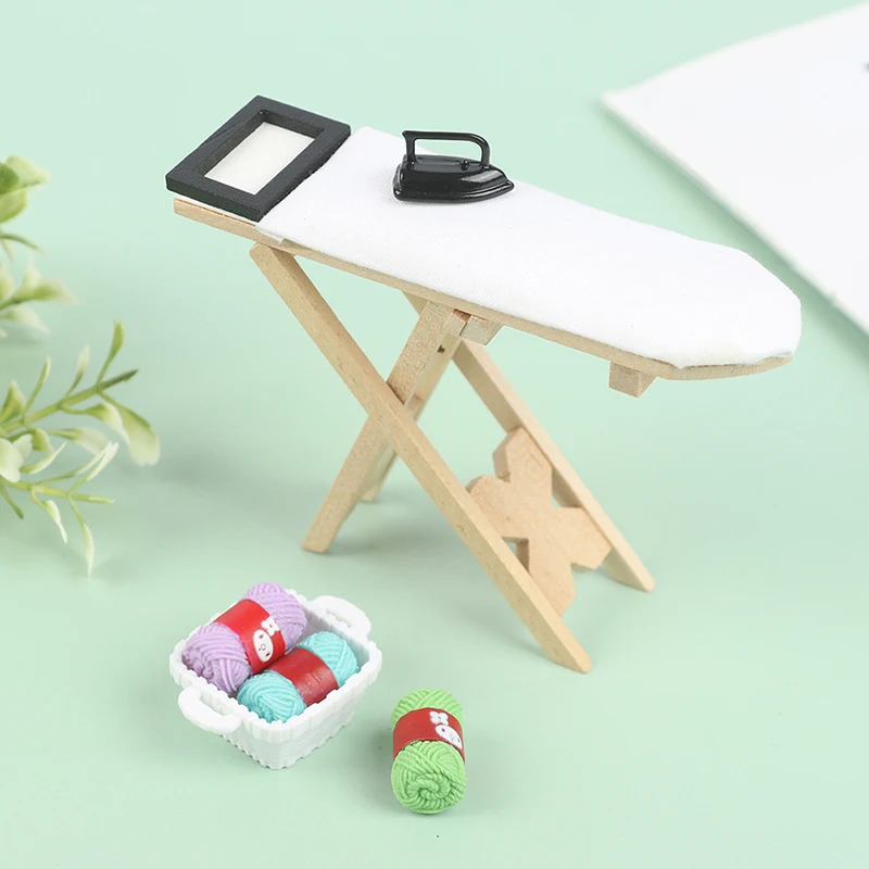 1:12 Dollhouse Miniature Wool Yarn Ball Needle Balls Wool Knitting Tool Basket Ironing Board Scene Set Dollhouse Home Decor