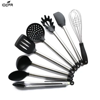 

8 Piece Kitchen Utensil Set Stainless Steel And Black Silicone Modern Nonstick Utensils Cooking Tools Drop Shipping