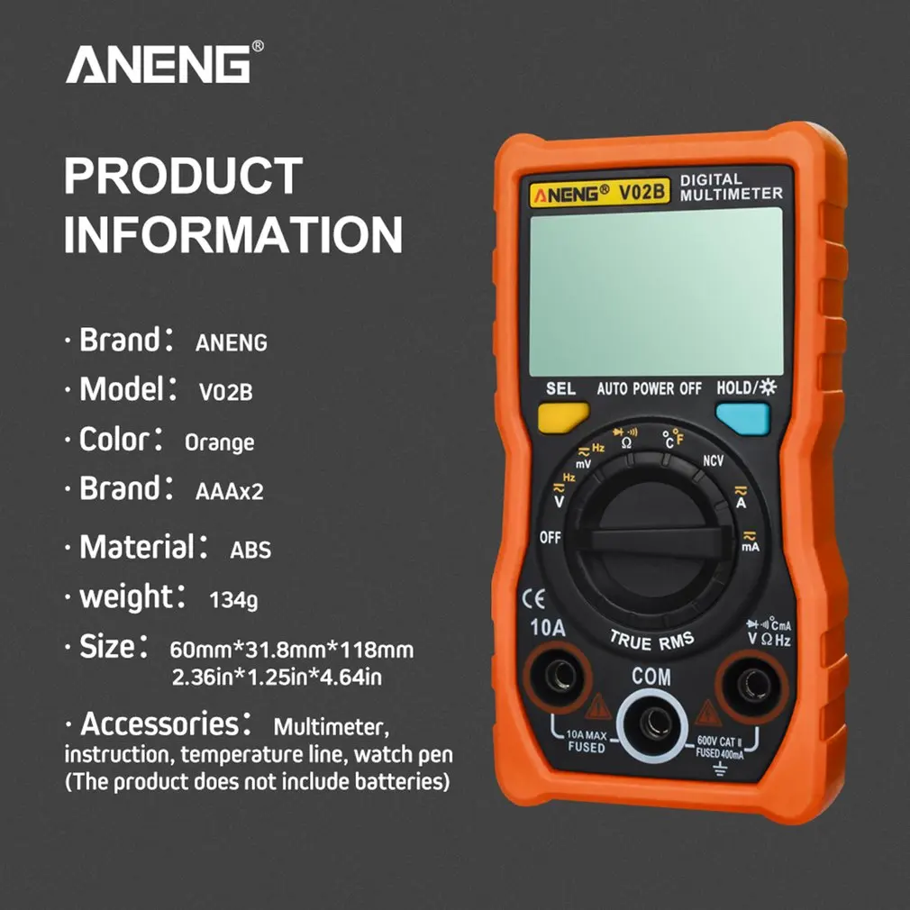 Aneng V02B мультиметр для передачи данных Ncv цифровой ЖК-дисплей Вольтметр переменного/постоянного тока Автоматический диапазон диодное Сопротивление Частота Емкость Тестер