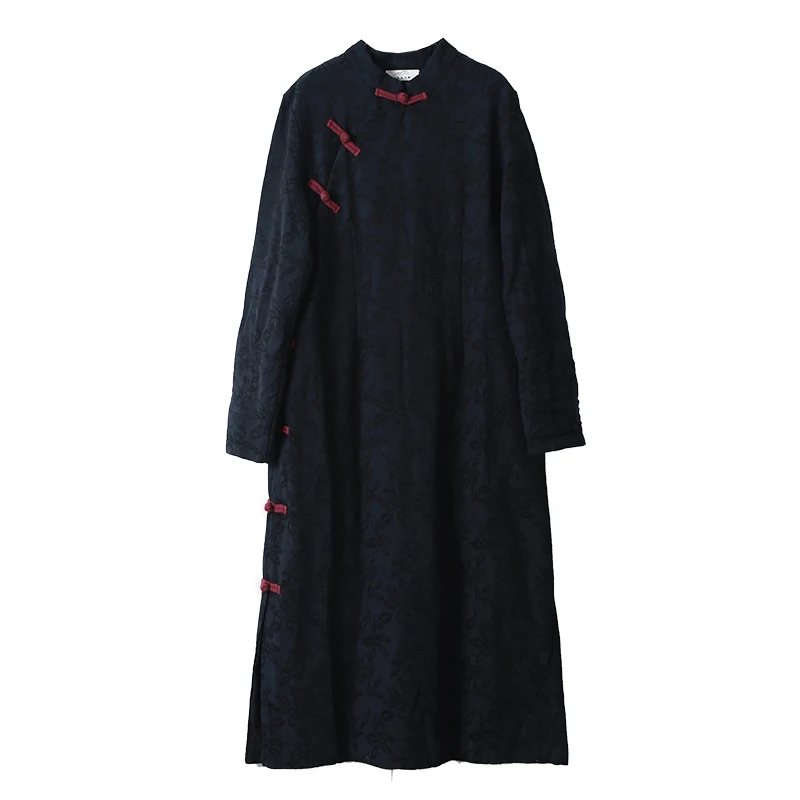 Black Hisenky новое осенне-зимнее женское платье жаккардовое Хлопковое платье Чонсам с разрезом по бокам китайское платье Qipao с длинными рукавами халат - Цвет: Black