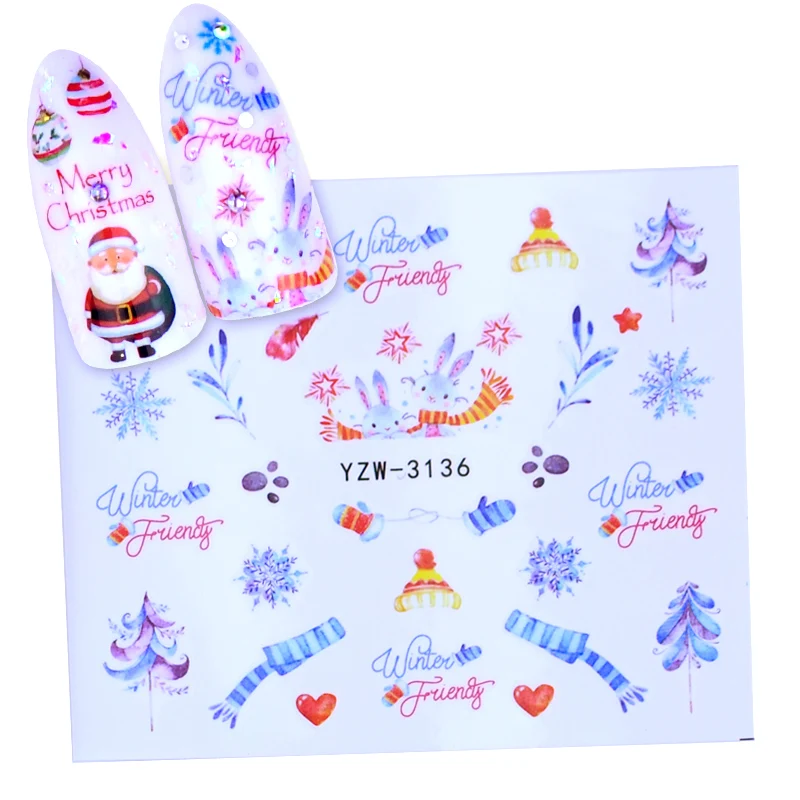 1 лист, Рождественский стикер для дизайна ногтей, слайдер, Санта Клаус, снеговик, переводные наклейки, фольга, 3D клей, год, Рождественский дизайн