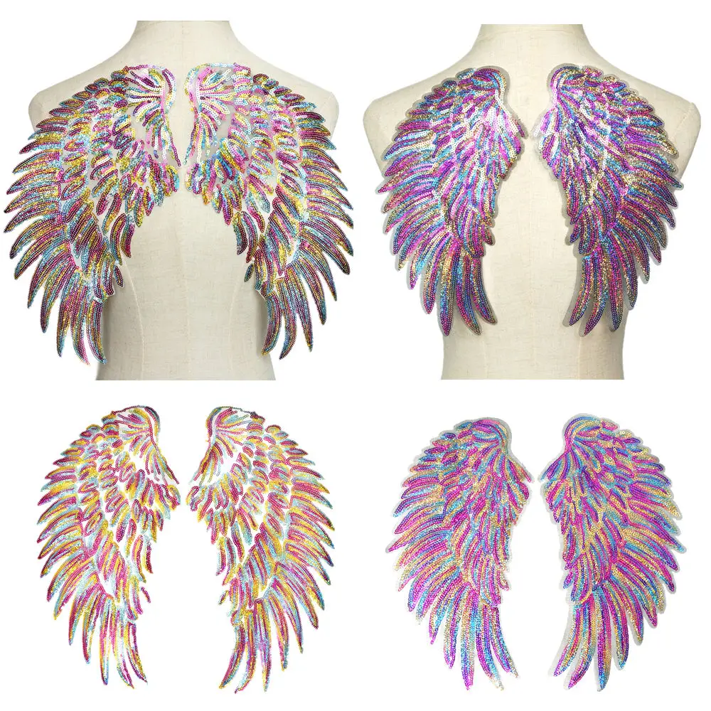 

2PCS Rainbow Sequin Feather Angel Wings Sew Iron on Patches For Jeans Shirt Clothes DIY Appliques Decoration 2 Styles