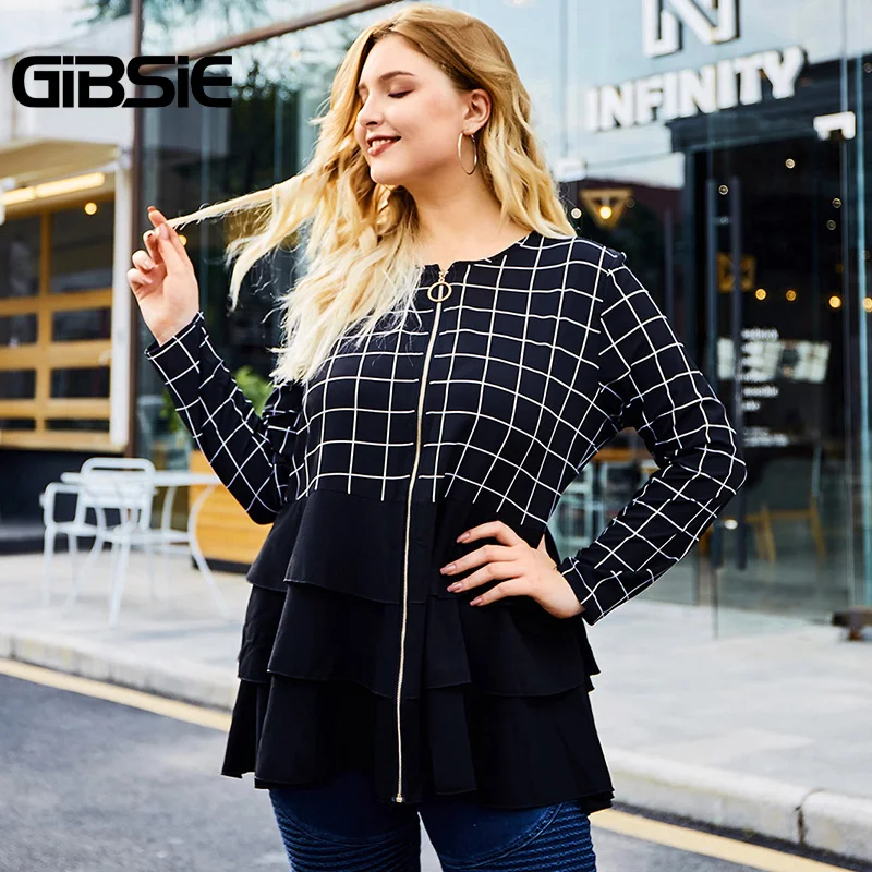 Женская клетчатая рубашка GIBSIE черная элегантная многослойная блузка с круглым