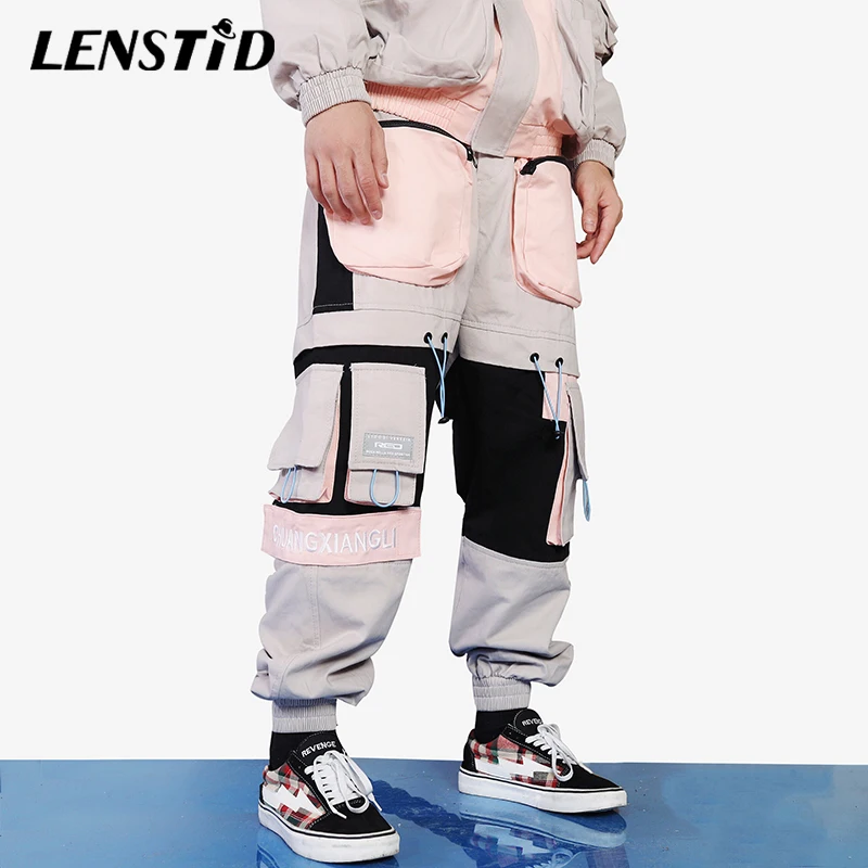 

LENSTID Hip Hip Cargo Pants Zipper Pockets Streetwear Harajuku Baggy Joggers Color Block Tactical Pants Casual Harem Trousers