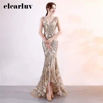 

Evening Dresses Sexy Sleeveless Backless Mermaid Dress DX371-3 Plus Size Elegant Long Prom Gowns Gold Sequins Formal Party Gown