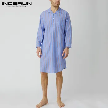 

INCERUN Fashion Loose Pockets Homewear Breathable Bathrobes Men Striped Nigthwear Robes Casual Long Sleeve Lapel Sleep Robes 5XL