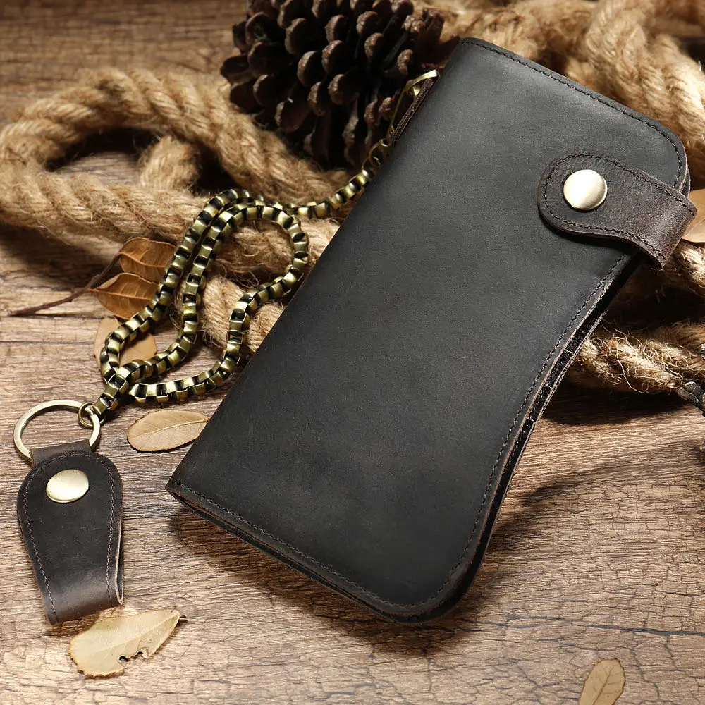 

Crazy horse leather mens clutch bag Long wallet Vintage men's leather Chain security wallet Business billfold mens wallet