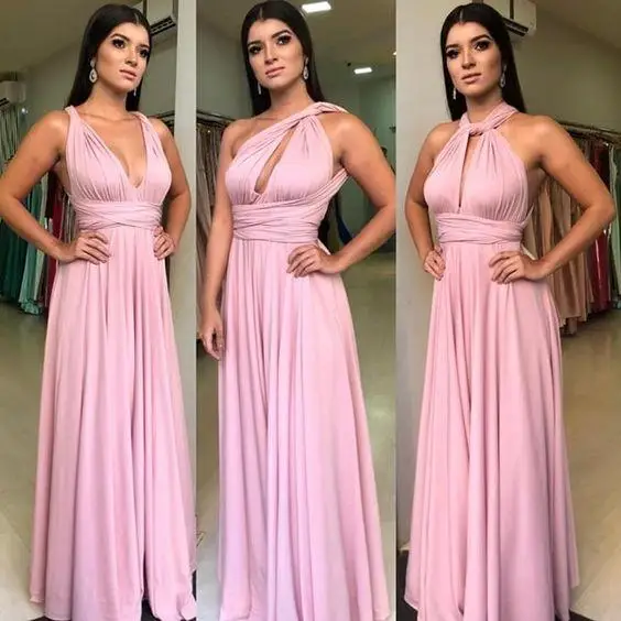 

SuperKimJo Vestido De Fiesta De Boda Convertible Bridesmaid Dresses Long Pink Chiffon Cheap A Line Wedding Guest Dress