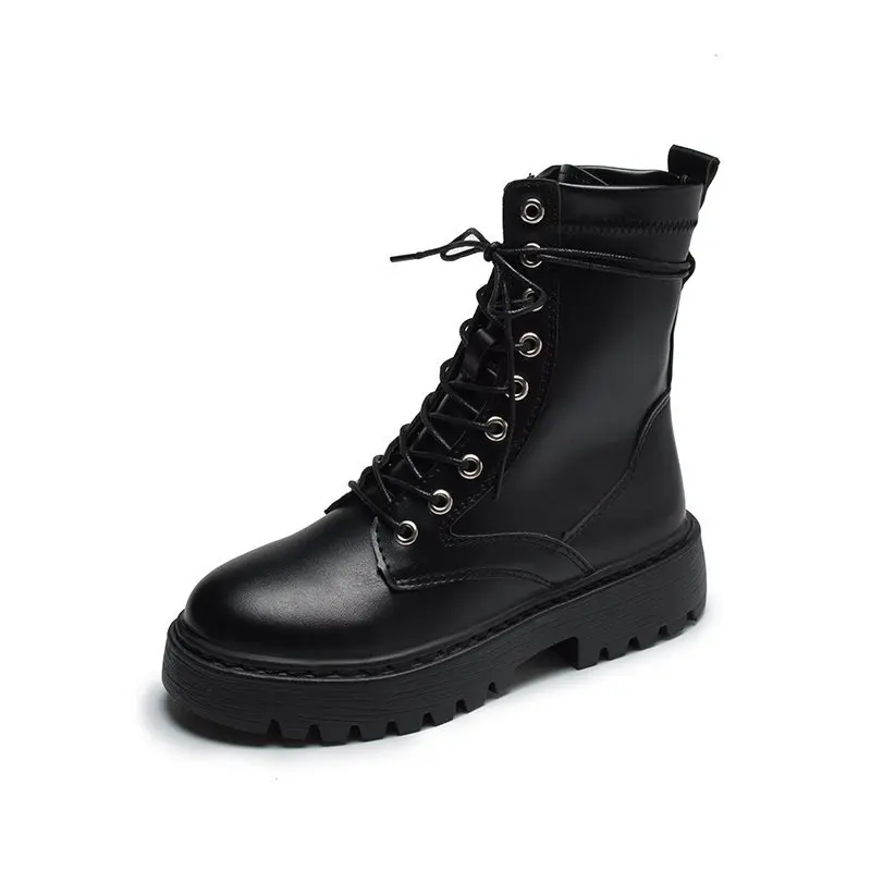 

Round Toe Lace-up Women's Short Boot Shallow Mouth Handsome Motorcycle Shoes 2020 Autumn and Winter New Style