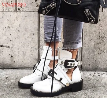 

Punk Booties Silver Gold Buckle Straps Thick Heel Black Ankle Boots Cut Out Woman Boots Motorcycle Brand Designers Round Toe Summer Shoes