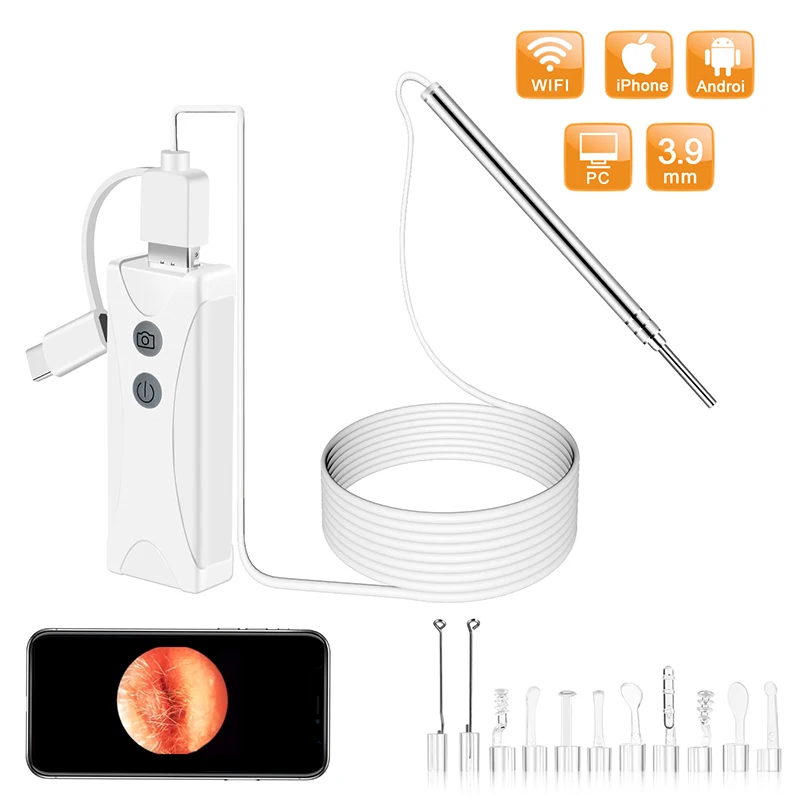 3.9mm Lens Hd 2.0mp Wifi Ear Endoscope Camera Ip67 Waterproof 3in1 Usb