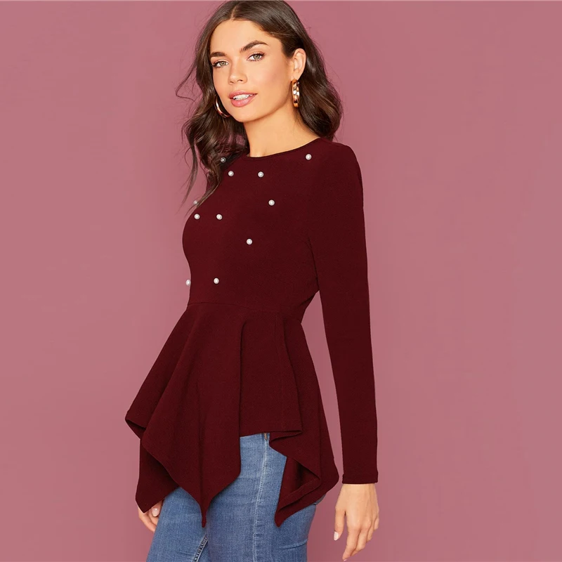 SHEIN Pearl Embellished Hanky Hem Peplum Top Women Spring Autumn Fitted Flared Round Neck Elegant Womens Tops and Blouses