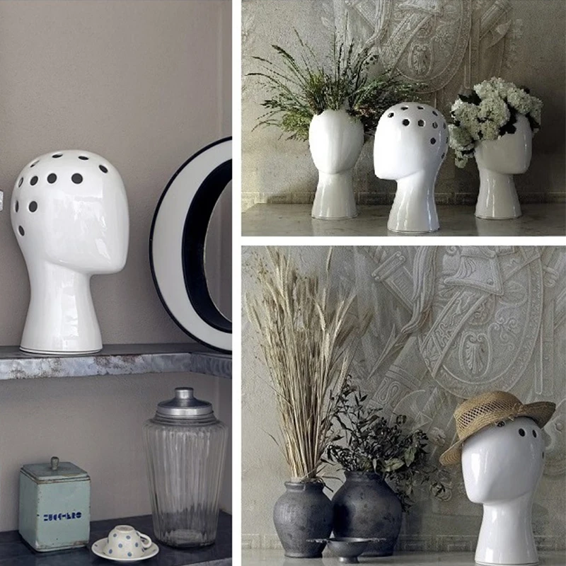 

Modern Minimalist Abstract Art Pure Black White Ceramic Head Ornamental Decoration Ceramics Arrangement Ceramic Flower Jar