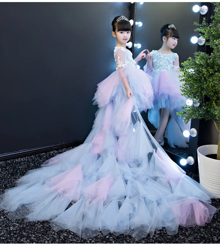 Kids First Communion Dresses Long Trailing Girls Dress Child Mermaid Long Tail Peacock Ball Gown For Wedding Evening Prom Party