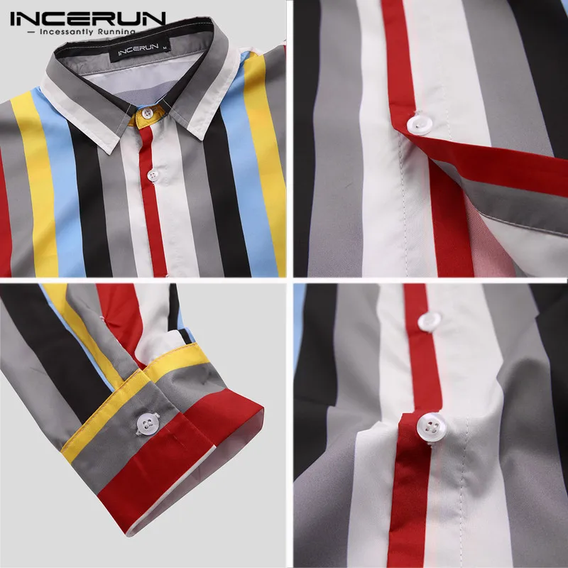 INCERUN стильная рубашка в полоску с цветным блоком для мужчин, дышащий с длинным рукавом, на пуговицах, уличный лацкан, свободные базовые рубашки для мужчин Camisa