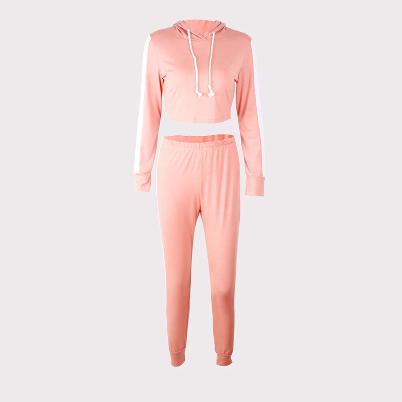 pink Осенний спортивный костюм с длинными рукавами, толстовки с капюшоном комплект из 2 предметов, повседневный спортивный женский спортивный костюм, женский комплект с завязками на пупок - Цвет: pink