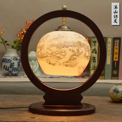 New Chinese antique creative ceramic table lamp bedroom bedside lamp American Pastoral flower painting solid wood desk lamp - Цвет абажура: A