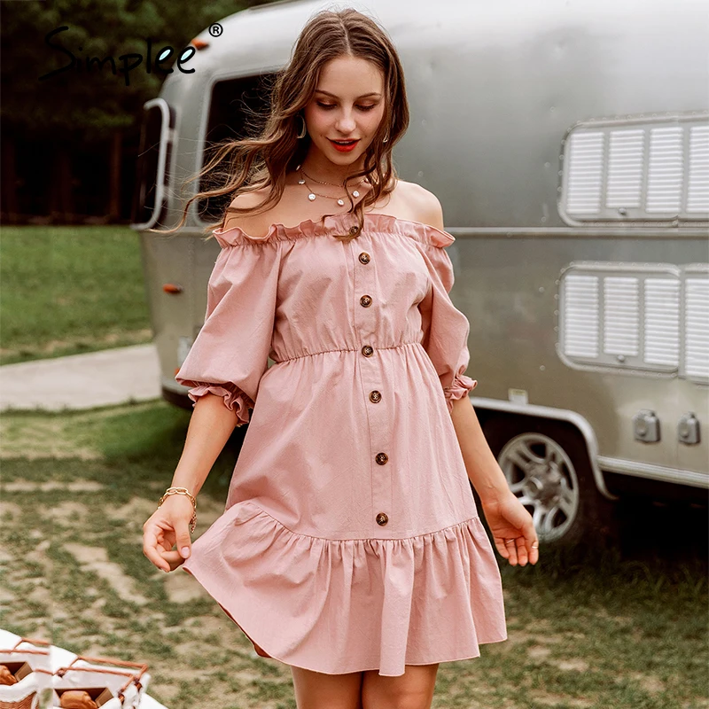 Simplee Off shoulder women dress Sexy ruffled single breasted high waist summer dress Lantern contton work wear office dress Simplee Off shoulder women dress Sexy ruffled single breasted high waist summer dress Lantern contton work wear office dress