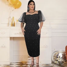 Aliexpress - O Neck Plus Size 4XL Dresses Women Sexy See Through Short Lantern Sleeve Dot Beading Black Birthday Party Robes 2021 Summer New