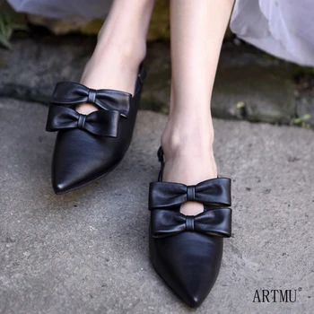 

Artmu Original Fashion Bow Sandals Shoes Pointed Toe Women Flats Sliders Slippers Shoes Closed Toe Genuine Leather Woman Shoes