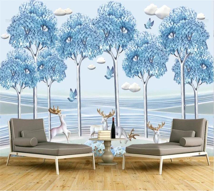 

Drop Shipping Custom Wallpaper New Chinese Embossed Blue Forest Sika Deer Landscape Background Wall Papers Home Decor Mural 3d
