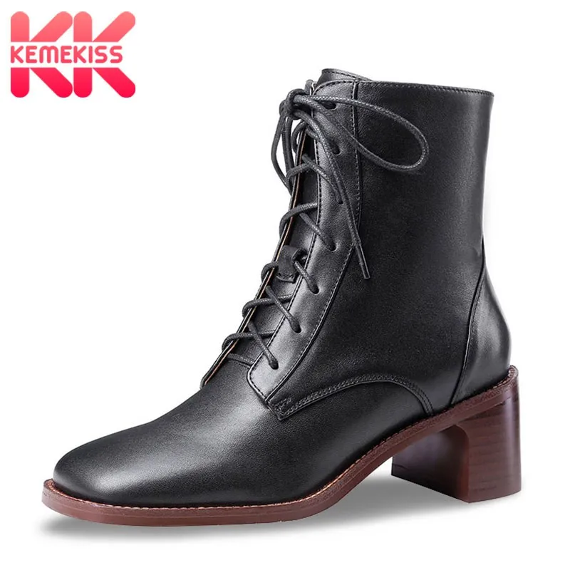 

KemeKiss Lacing Women Ankle Boots Real Leather Solid Color Sewing Round Toe Sheos Women Warm New Female Footwear Size 33-40