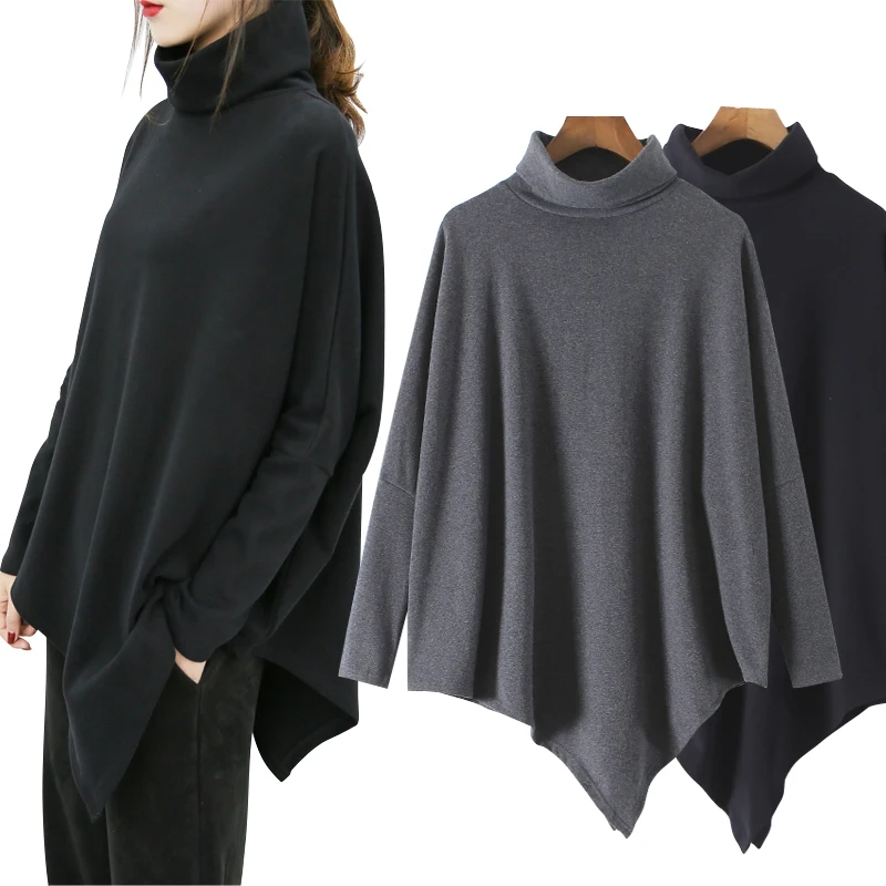 

2019NEW Autumn winter turtleneck Bat long sleeves women t shirts korean clothes women fashion loose Irregular hem ladies tops
