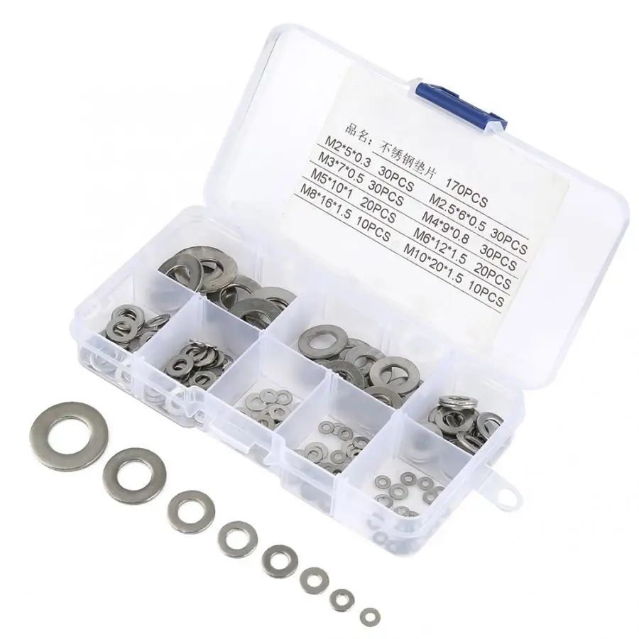 

170Pcs/set Stainless Steel Flat Washer Assortment Set with Box M2/M2.5/M3//M5/M6/M8/M10