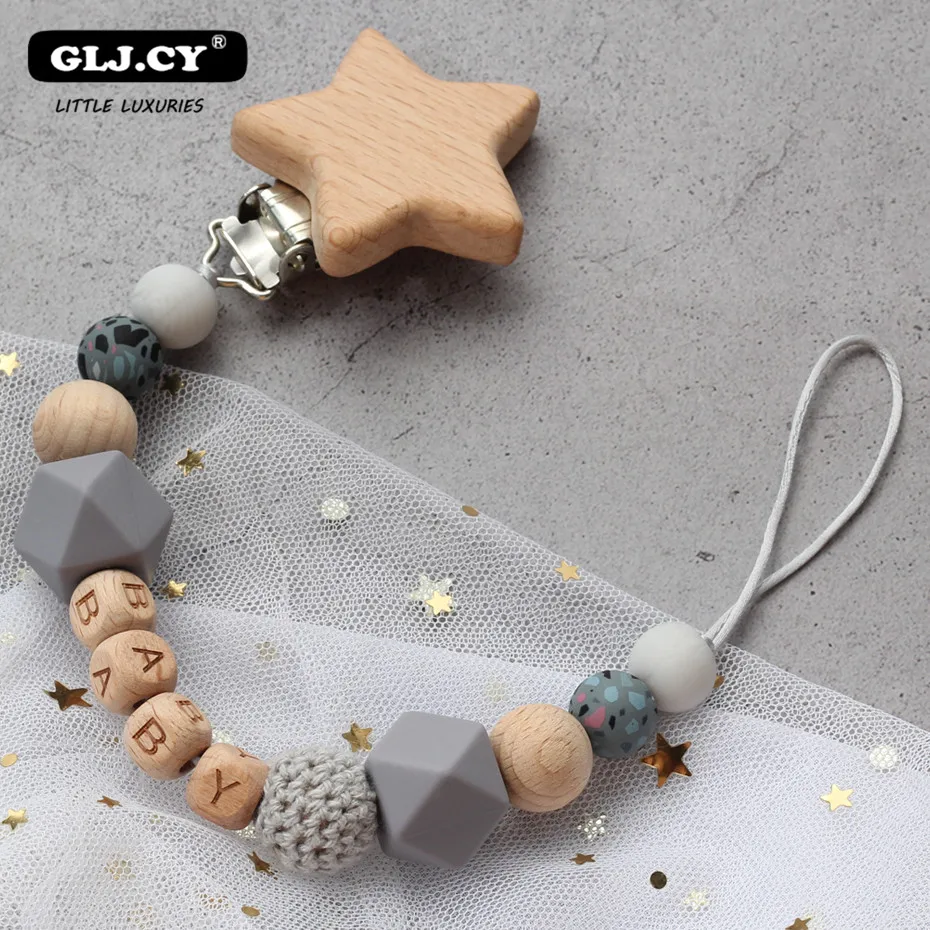 Pacifier Clips Safe Teething Chain Baby Wood Teether Ecofriendly Dummy Clips Holder Awe Momma