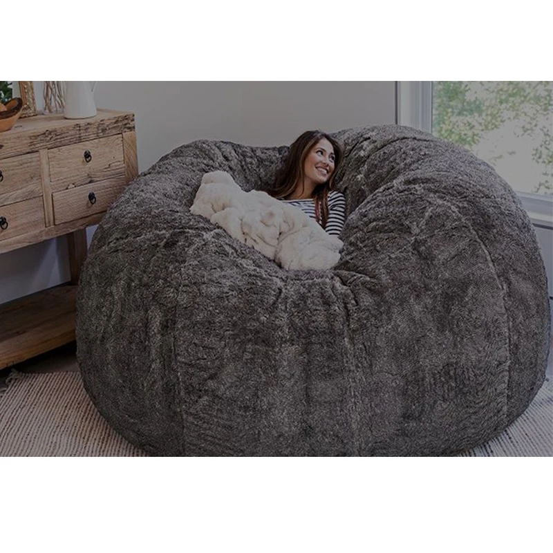 Black 7ft Giant Fur Bean Bag Chair for Adult Living Room Furniture Big Round Soft Fluffy Faux Fur BeanBag Lazy Sofa Bed Cover Grey 