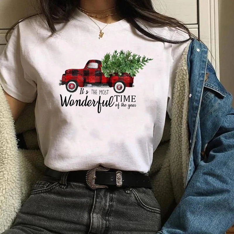 Для женщин в крупную клетку грузовик Дерево Детские костюмы с изображением рождественской елки год футболка Женская Графический T футболка Camisas Mujer женские футболки