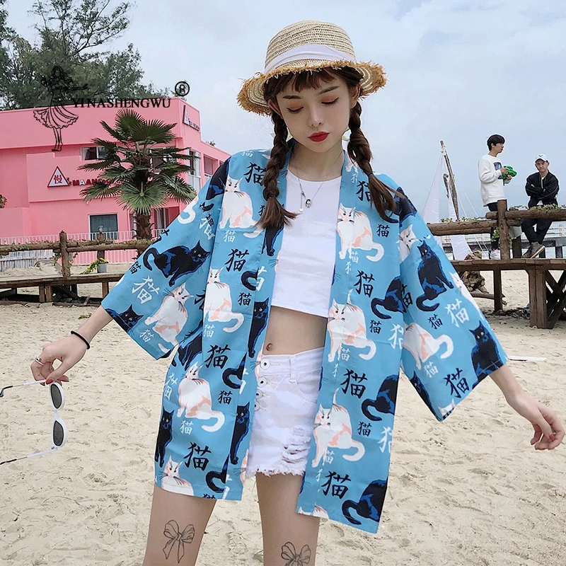 Japanese Kimono Cardigan Women Harajuku Summer Beach Casual Cat Print Shirt Blue Tops Yukata Women Asian Kimono Cosplay Costumes