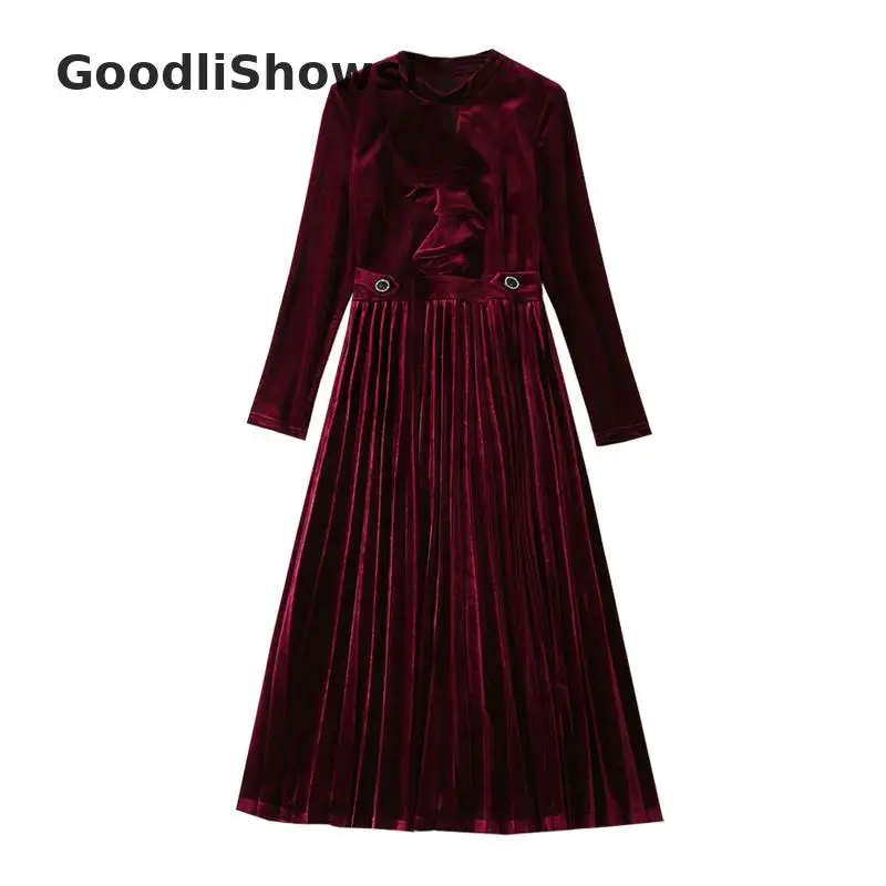GoodliShowsi, весна, высокое качество, женские бархатные платья, сплошной цвет, оборки, дизайн, длинный рукав, элегантное платье плиссе в гармошку