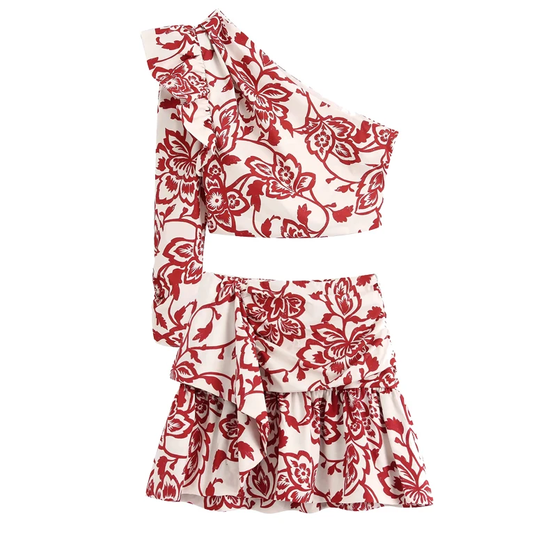 2020 new women summer suits two piece set red printed poplin asymmetric neckline one sleeve Ruffle trims top&ampmini skirts | Женская
