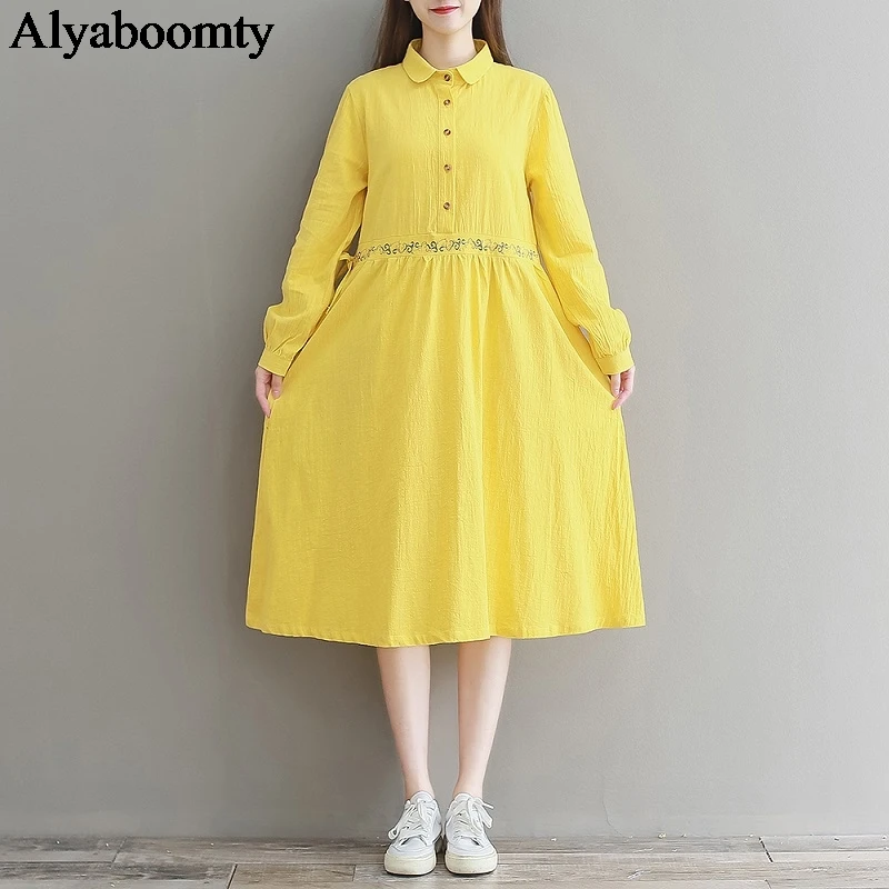 Женское миди платье весна-осень,хлопково-льняное элегантное платье,винтажное платье с цветочной вышивкой,желтого и темно-синего цвета - Цвет: Yellow