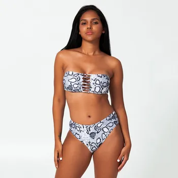 

#Z25 Women Sexy Bikini Set Snake skin Print Hollow Out Bikini Set Two Piece Swimsuit Bathing Suit Bandeau Brazilian Bikinis 2020