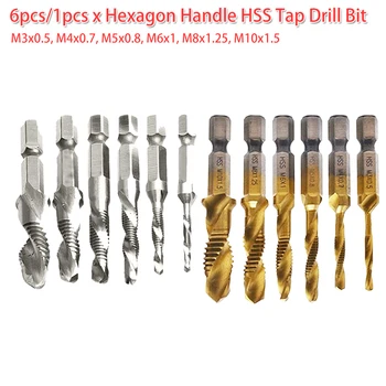 

M3-M10 6pcs Screw Tap Drill Bit HSS Taps Countersink Deburr Set Metric Combination 1/4 Quick Change Hex for Soft Metal /Aluminum