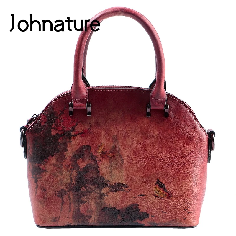 

Johnature Retro Cow Leather Women Bag 2020 New Vintage Hand Painted Ink Landscape Handbag Leisure Cowhide Ladies Shoulder Bags
